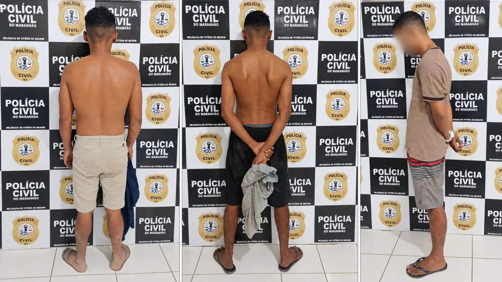 Vitória do Mearim, operação prende cinco suspeitos de homicídio e tráfico de drogas, três presos, dois adolescentes apreendidos, apreensão de munição e imagens que reforçam investigações