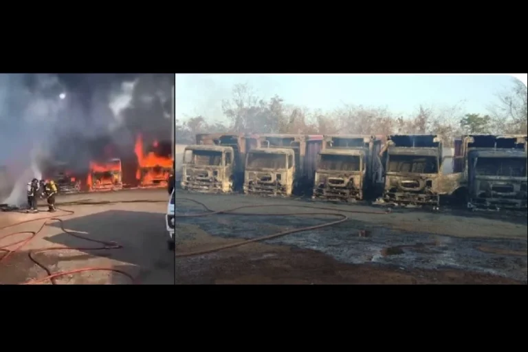 Incêndio em estacionamento de fábrica de refrigerantes em Caxias, bairro Seriema, destrói cinco veículos e paletes, equipes do 5º Batalhão controlam chamas